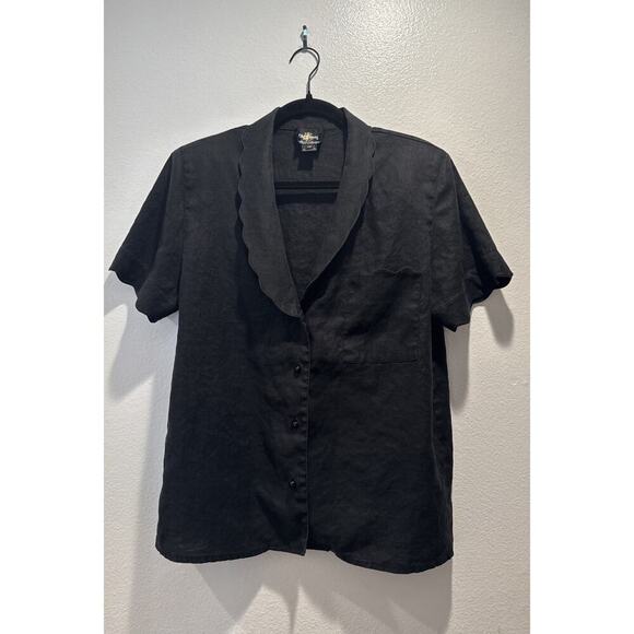 Vintage Oleg Cassini Linen Blouse Black Scalloped Button Front Short Sleeve - Picture 1 of 7